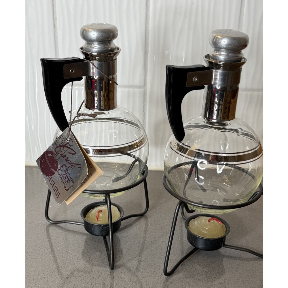 VTG 1950s Lot Of 2 Glass Carafettes Individual Coffee Service w/ Stands MCM EUC
